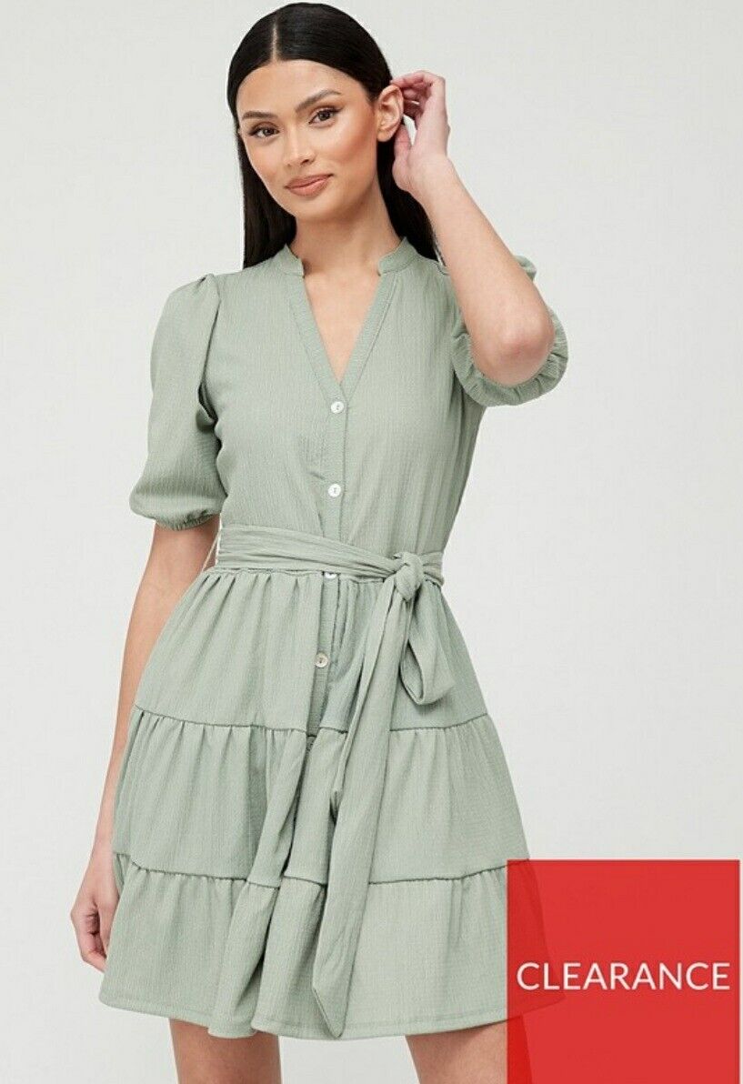 Tiered Sage Green Button Through Mini Dress UK 12 ****Ref V477