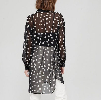 Womens Longline Black Spotty Printed Shirt Size 10 **** V349