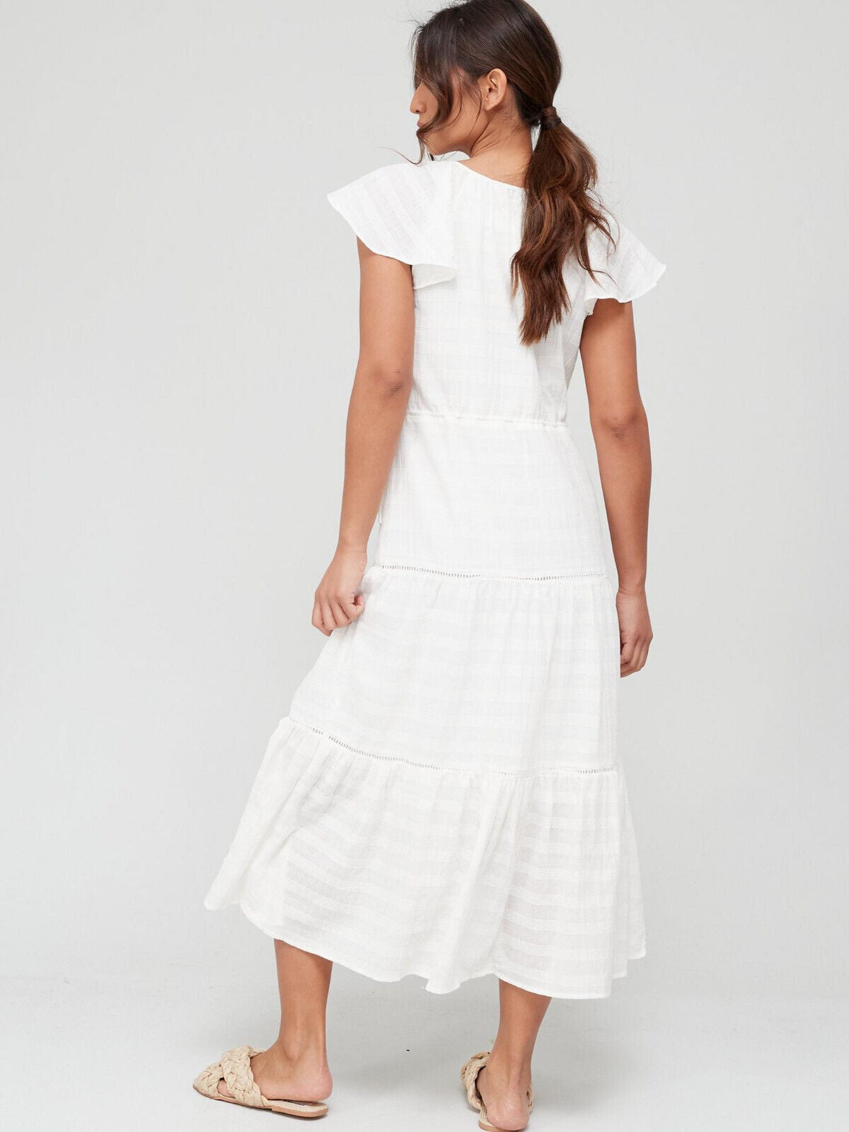 Textured Fabric Angel Sleeve Midi Beach Dress - Off White. UK 8. V22