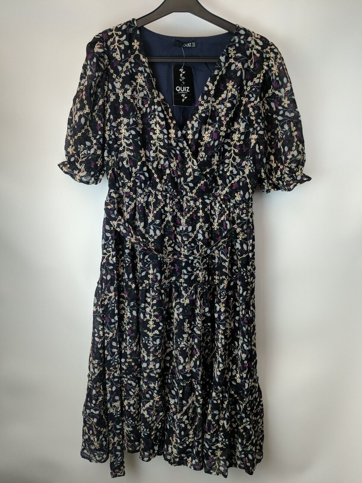 Quiz Navy Purple Embroidered Short Sleeved Midi Dress Size UK 14 **** V30