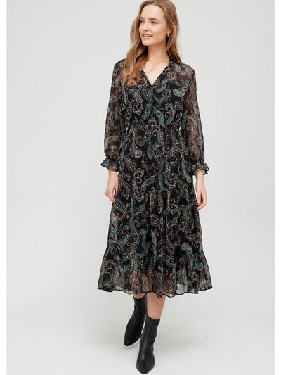 Womens V Neck Printed Midi Dress - Paisley Print. UK 12 **** V431