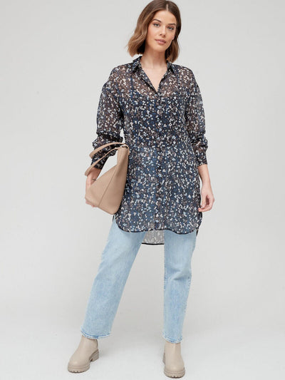 Womens Longline Printed Shirt – Blue. UK14. V203