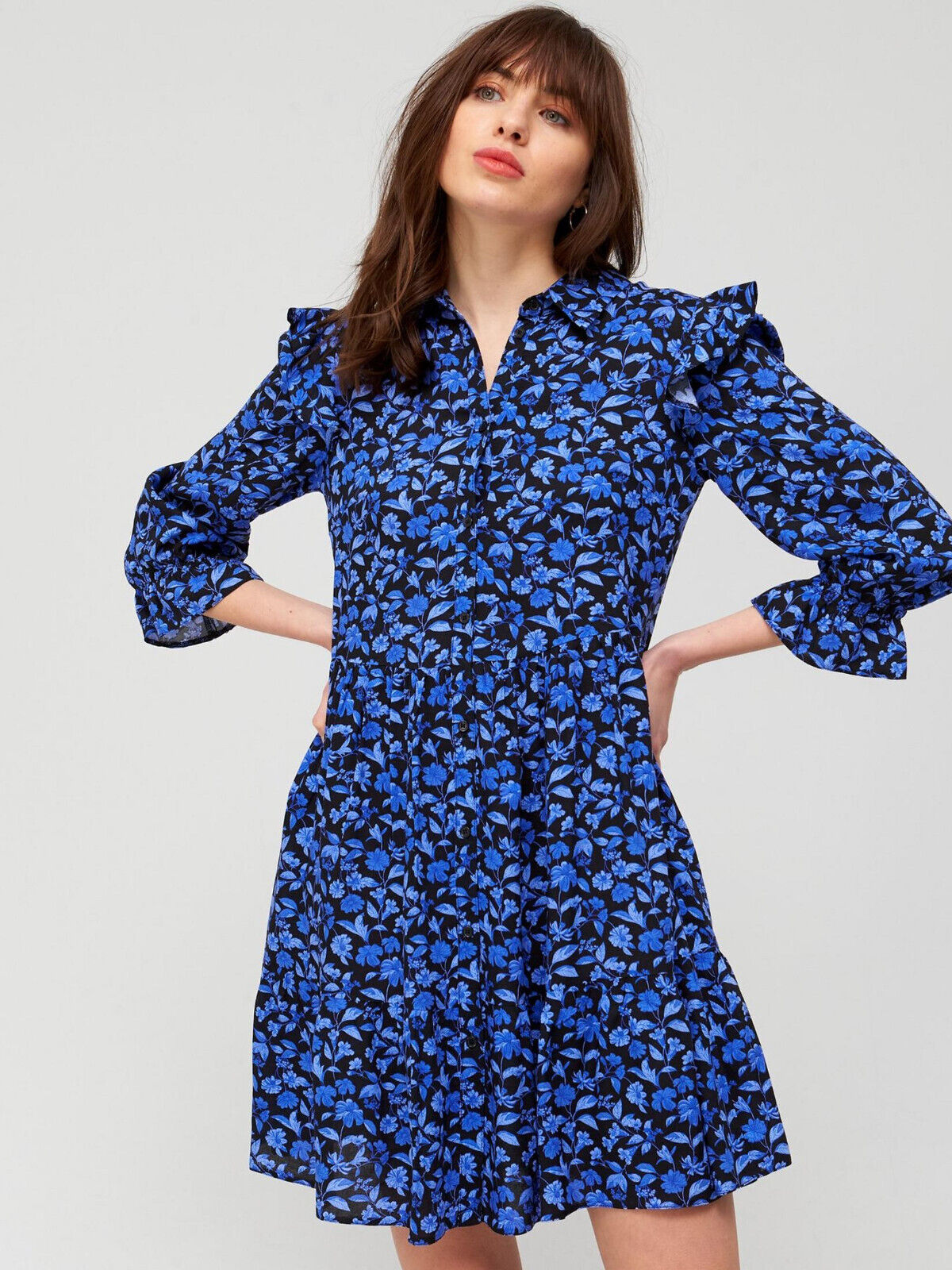 Button Through Shirt Dress Blue Floral UK 8 ****Ref V430