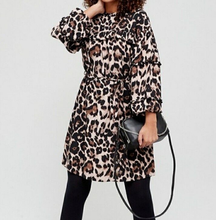 Ruffle detail Animal Print Dress Long Sleeve UK 10 ****Ref V462