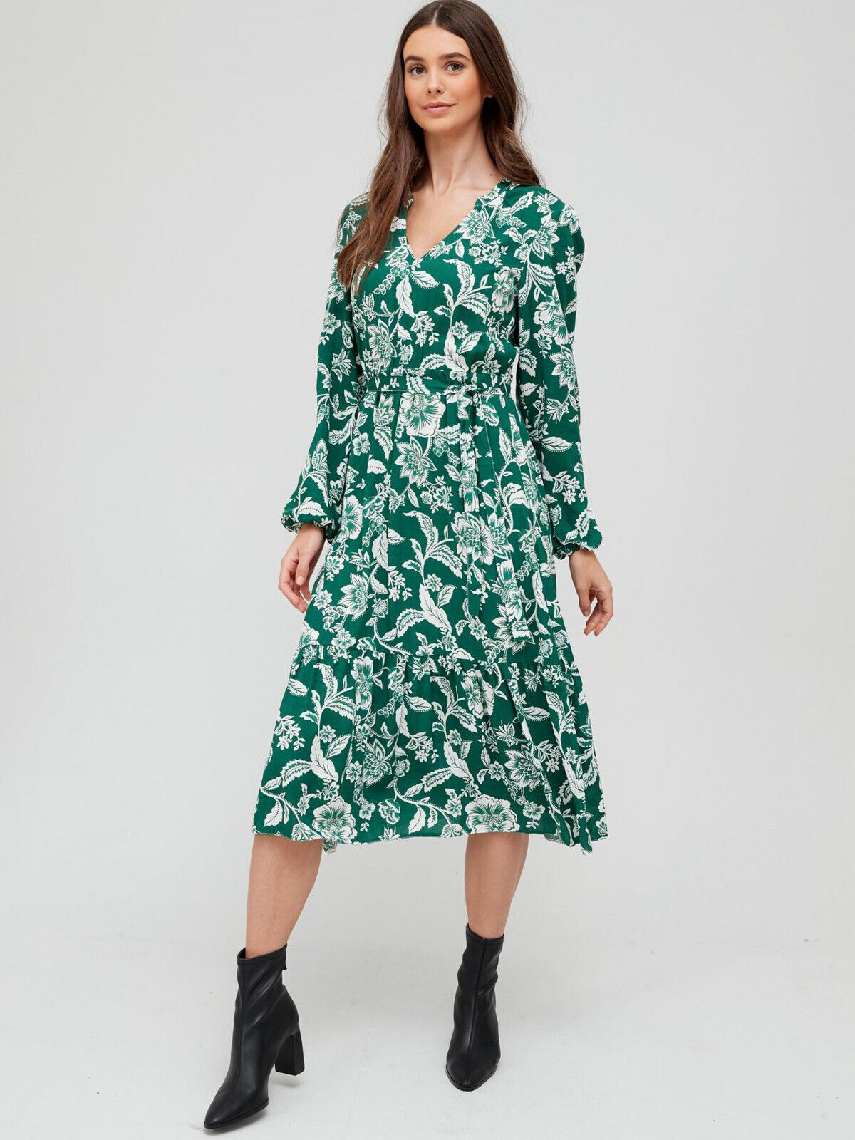 Notch Neck Waisted Midi Dress - Green. UK 10. ****V149