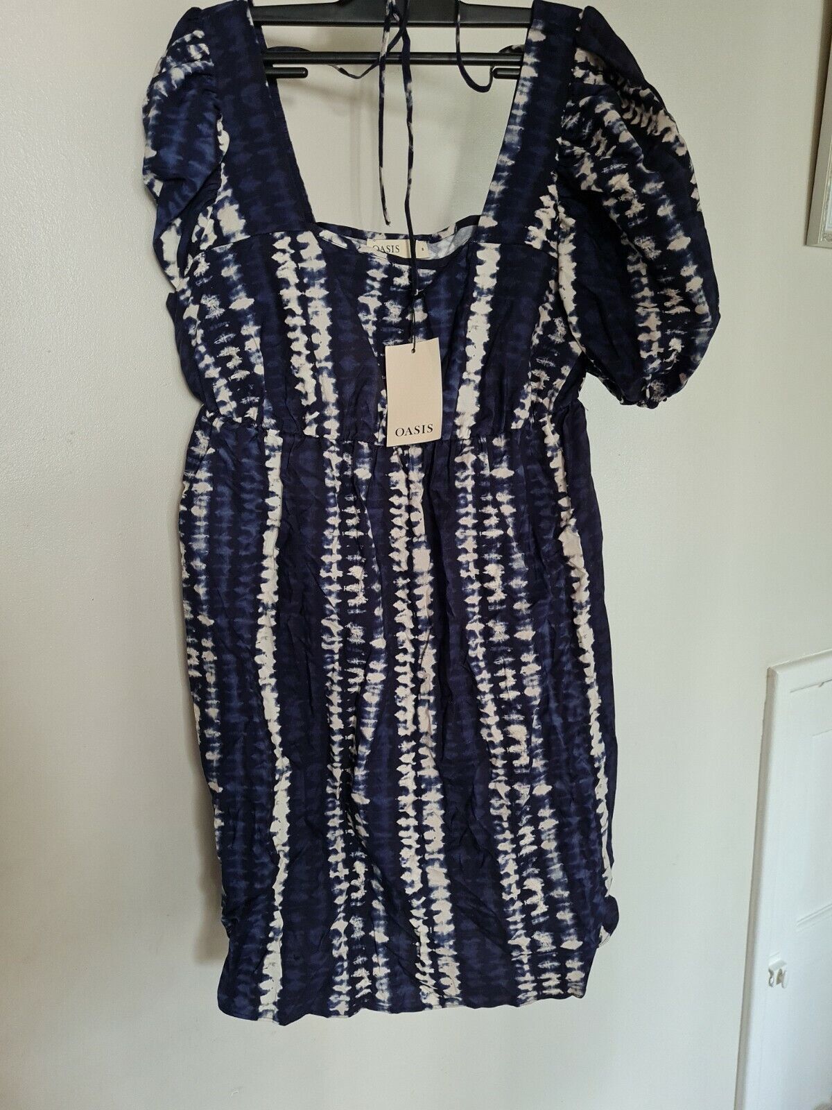 Oasis Tie Dye Print Puff Sleeve Dress Navy Uk8 Ref R8