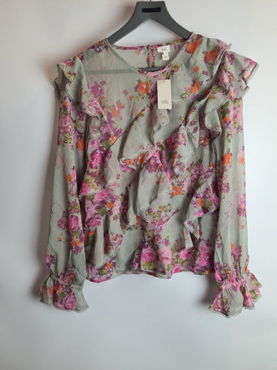 River Island Green Floral Lace Trim Blouse Size 10