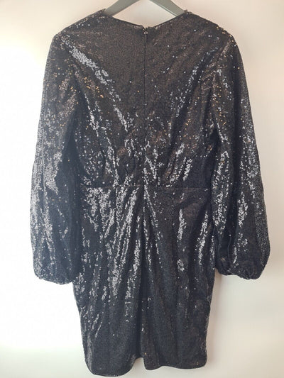 Chi Chi London Long Sleeve Plunge Sequin Mini Dress Black Size 16 **** V77