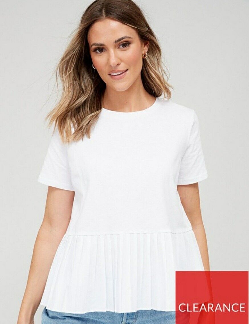 Woven Frill Hem Tshirt- White. Uk14