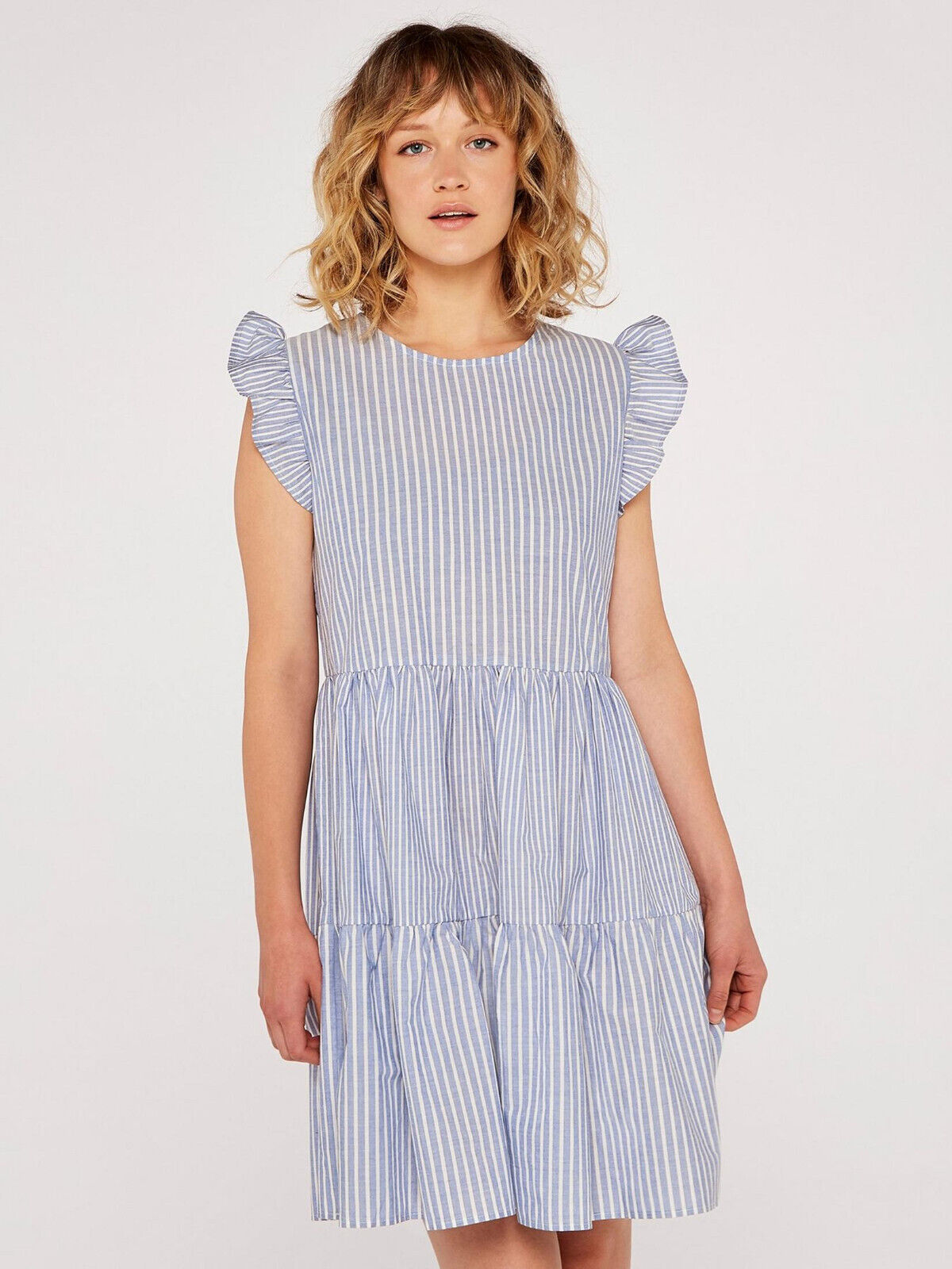 Apricot Mix Blue Stripe Lines Tiered Dress  UK 12 ****Ref V368