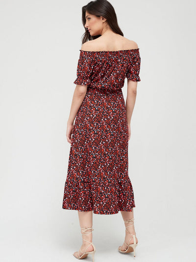 Floral Printed Shirred Waist Bardot Midi Dress. UK 14 ****V428