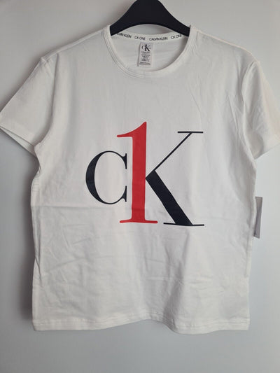 Calvin Klein Womens White Crewneck Short Sleeved Logo T-Shirt Size XS **** V294