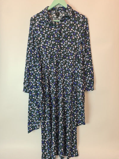 River Island Floral Long-Sleeve Black/Blue Dress Size 14 **** Ref V241