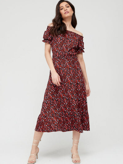 Shirred Waist Bardot Midi Dress - Floral Print. UK 10 . ****V278