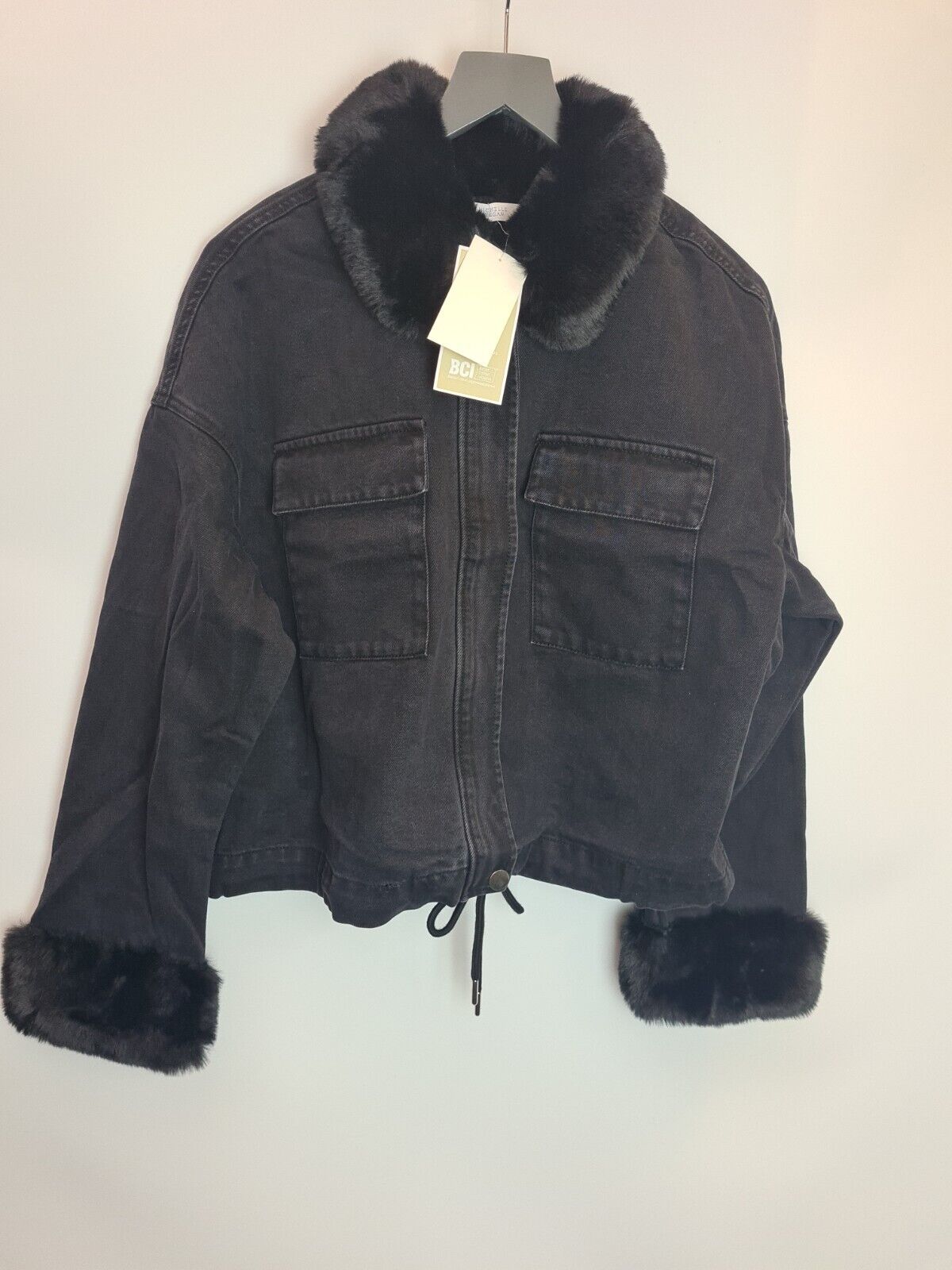 Michelle Keegan Black Faux Fur Trim Denim Jacket Size 12 **** V251