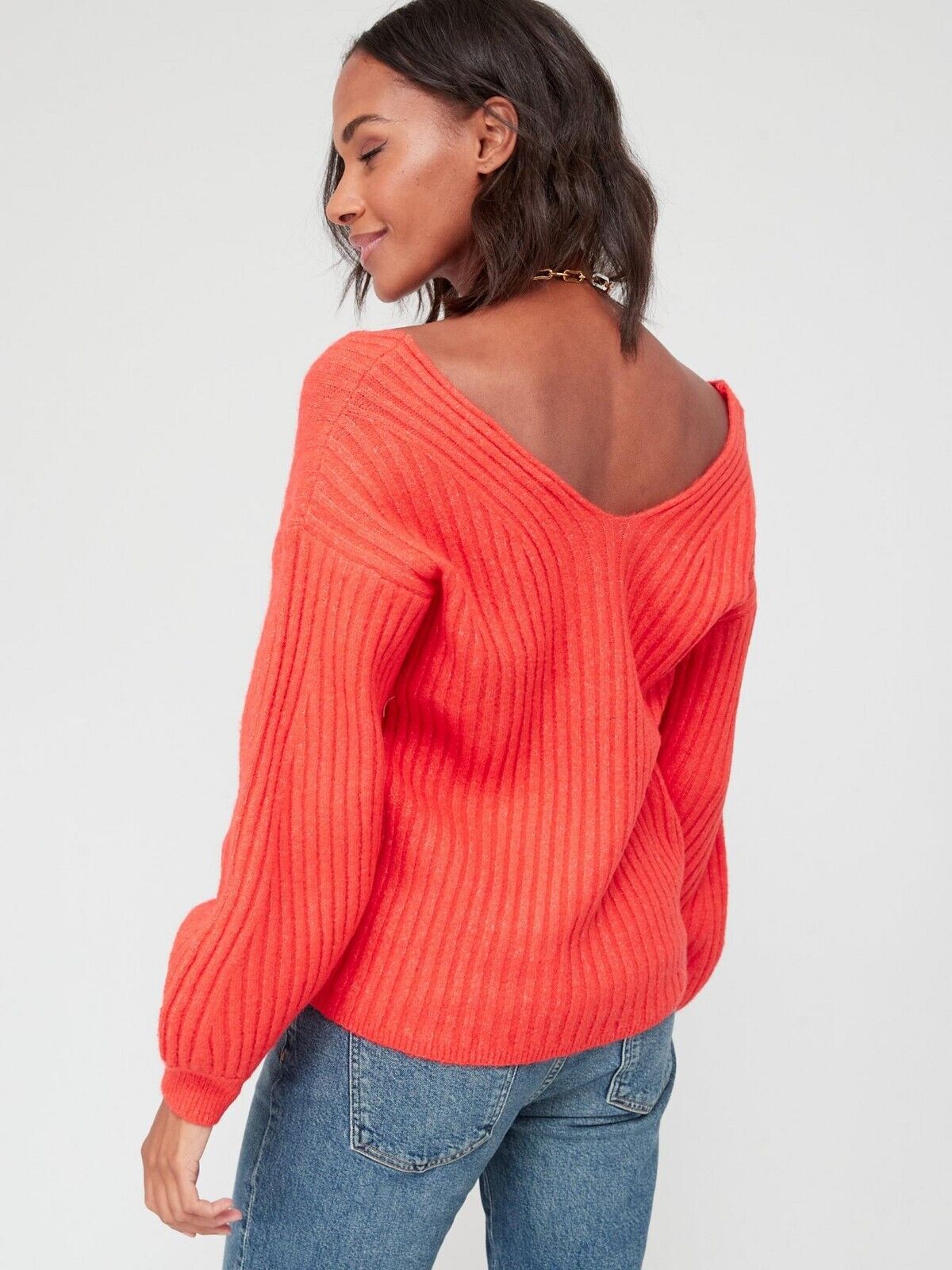 Knitted V-Neck Back And Front Volume Sleeve Jumper - Red. UK 12