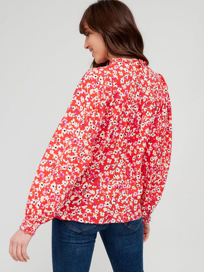 Red Floral Print Blouse High Neck Size 8 **** V400