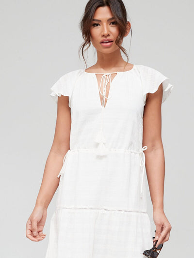 Textured Fabric Angel Sleeve Midi Beach Dress - Off White. UK 8. V22