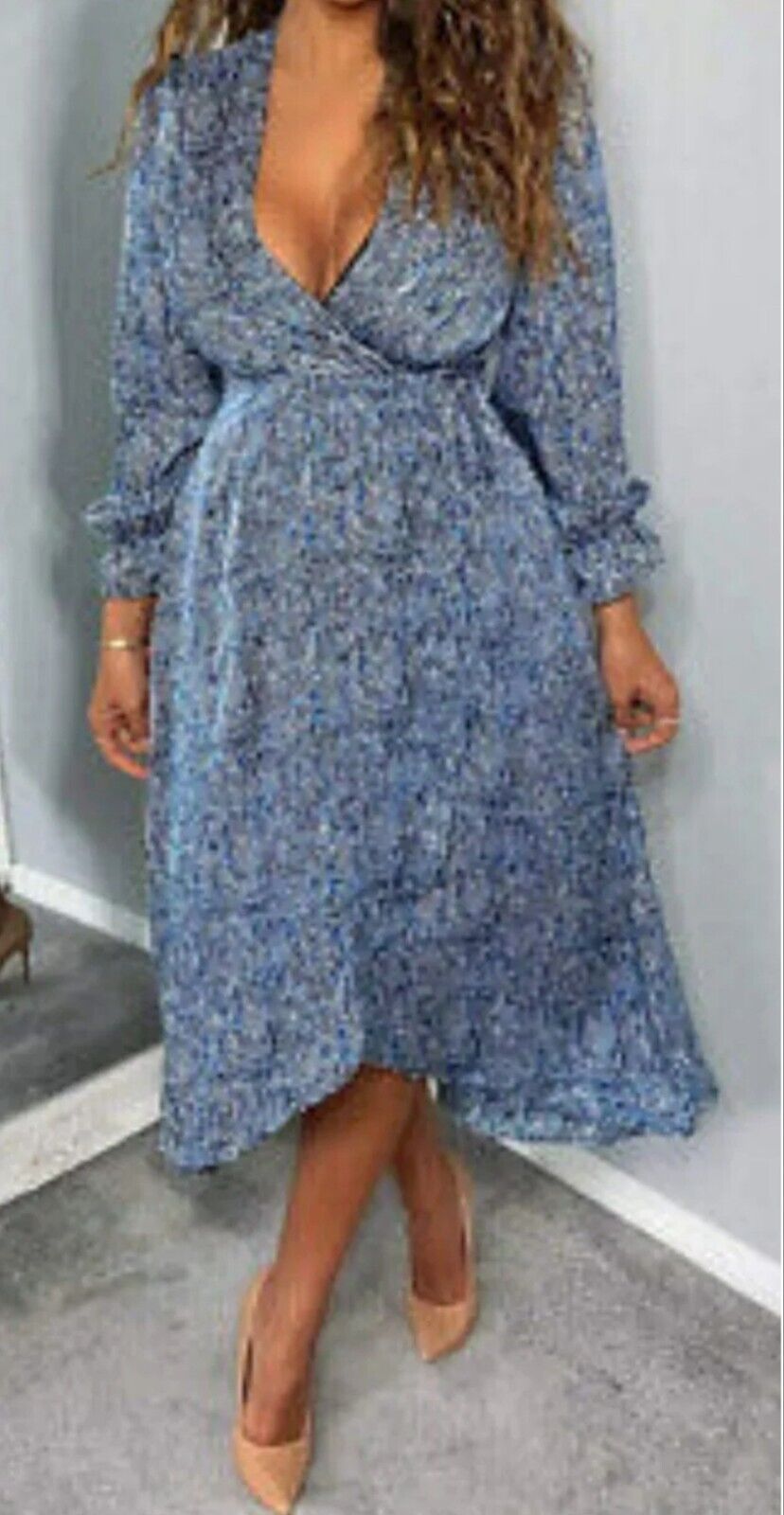 AX Paris Blue Printed Long Sleeve Wrap Midi Dress UK 6 .