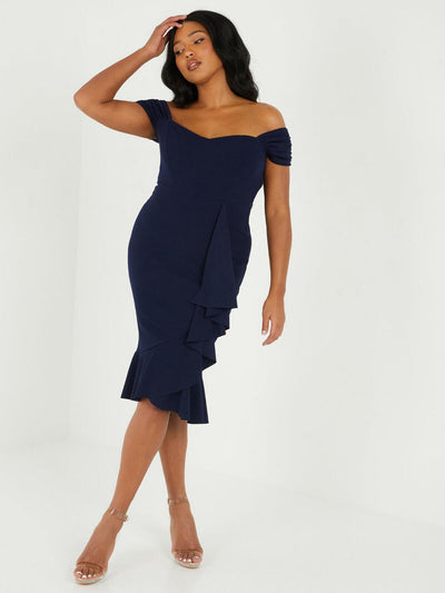 Quiz Curve Navy Scuba Crepe Frill Detail Bardot Midi Dress Size 24 **** V392