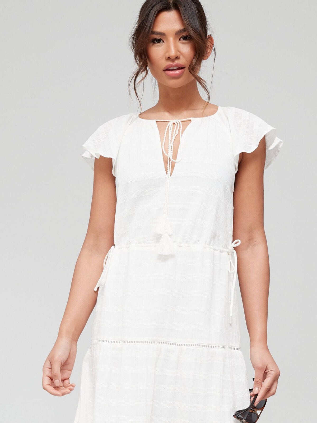 Textured Fabric Angel Sleeve Midi Beach Dress - Off White. UK 10 **** Ref V524