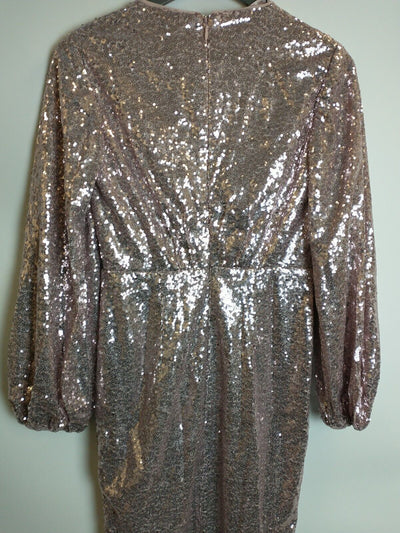 Chi Chi London Long Sleeve Plunge Sequin Midi Dress Pink Size 8 **** V155