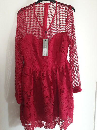 dolly delicious dress Uk 16 Red Bishop Sleeve Lace Mini Dress Ref Dc7