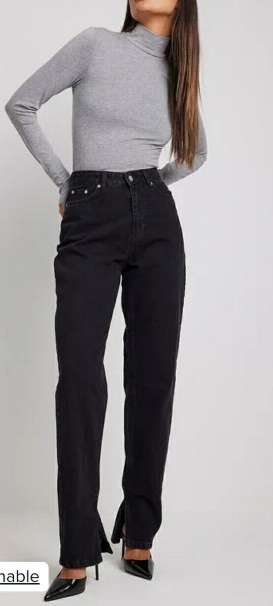 NA-KD High Waisted Side Slit Denim- Black .Size 40