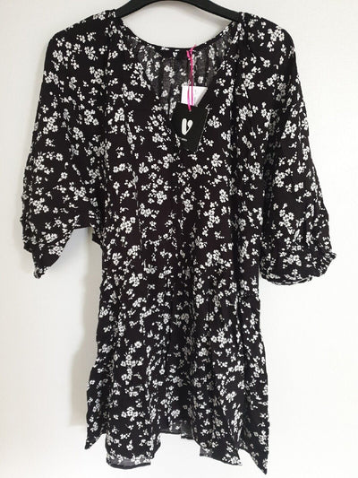 Black Floral Button Through Mini Dress Long Sleeve Uk12****Ref V414