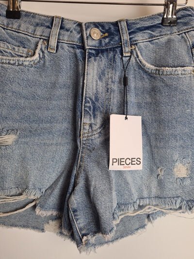 Pieces Pctulla Blue High Waist Denim Shorts Size XS **** V259