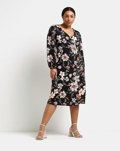 River Island Plus Black Floral Wrap Midi Dress Size 20 *** V501