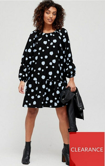 Tired Sleeve Swing Dress Blue Dot Uk10****Ref V435