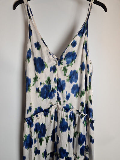 Topshop Satin Ivory And Blue Floral Midi Dress Size 10 **** V222