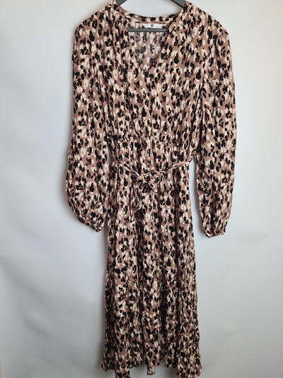 Brown Animal Print V Neck Long Sleeve Tie Waist Dress Size 14 **** V309