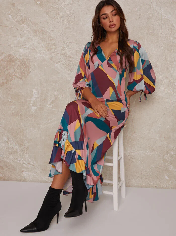 Chi Chi London Vneck Puff Sleeve Graphic Print Maxi Dress. UK 8. **** Ref V496