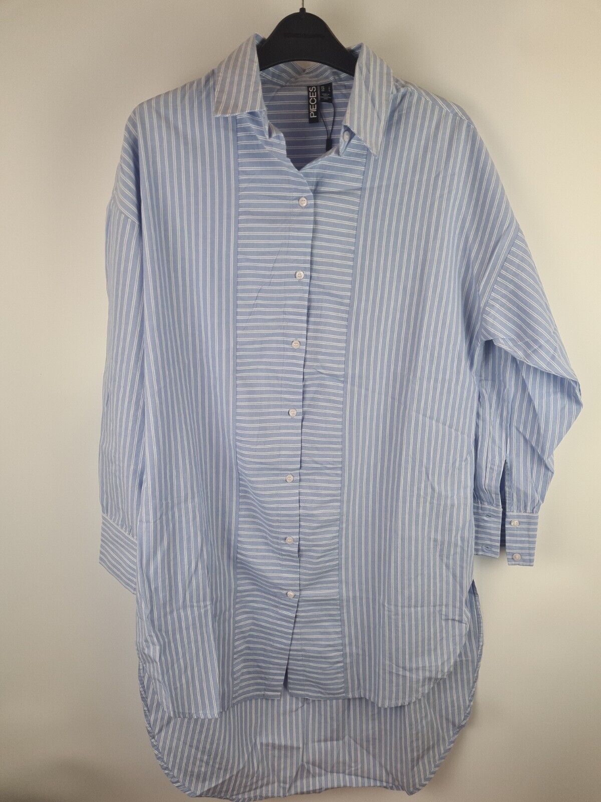 PIECES Blue Striped Longline Shirt Size UK Small **** V29