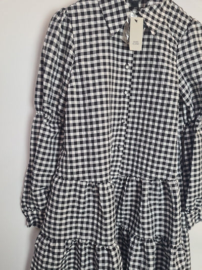 River Island Check Print Tiered Shirt Dress. Black And White Size 8 **** V100