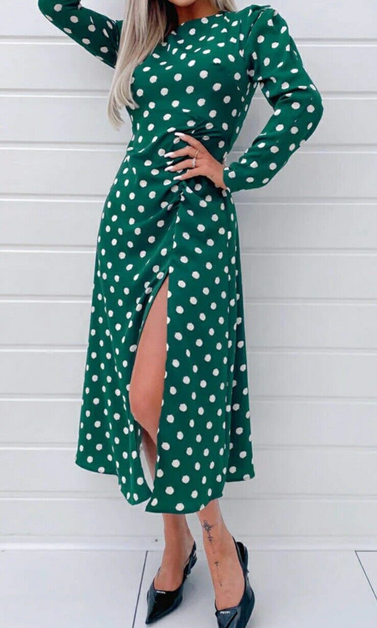 AX Paris Green Print Ruched Skirt Detail Midi Dress  Size 14.