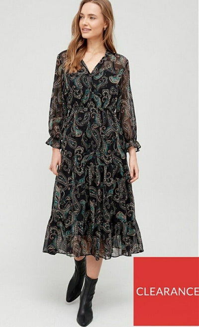 Paisley Print Dress Midi Long Sleeve Uk12****Ref V538