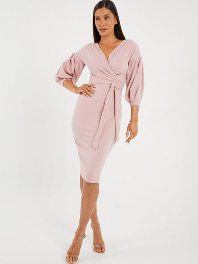 Quiz Pink Wrap Midi Dress Size 12 **** V395