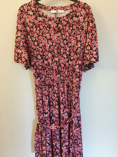 Black/Pink Floral Print Midi Dress Uk14****Ref V414