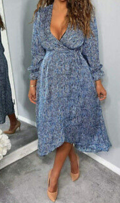 AX Paris Blue Printed Long Sleeve Wrap Midi Dress Uk6****Ref V367