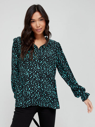 Womens V-Neck Ruffle Detail Blouse - Animal Print. Black. Size 16 **** V513