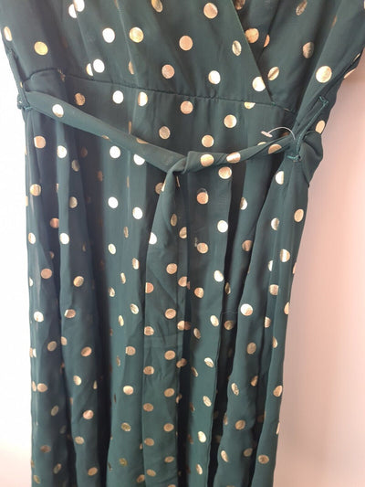 Quiz Dark Greem Metallic Spot Mini Wrao Skater Dress Size UK 10 **** V61