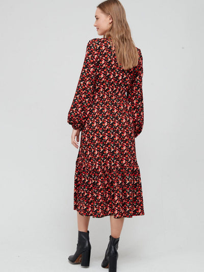 Red Floral Tie Side Midi Dress Size 8 **** V404