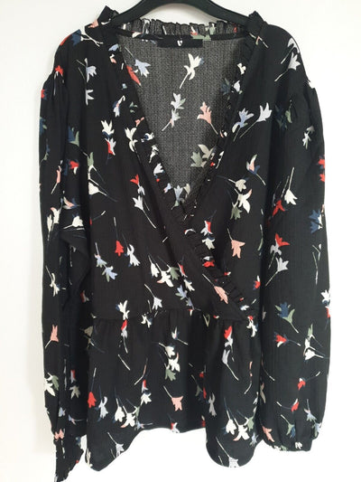 Black Floral Print Top wrap V Neck  Long Sleeve UK 16 ****Ref V440