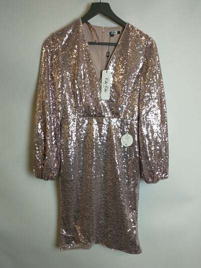 Chi Chi London Long Sleeve Plunge Sequin Midi Dress Pink Size 8 **** V155