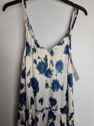 Topshop Satin Ivory And Blue Floral Midi Dress Size 10 **** V222