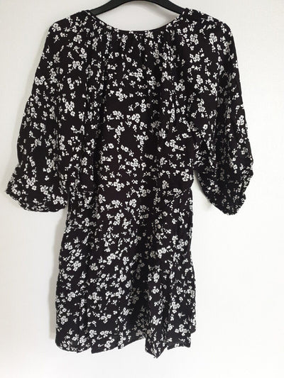 Black Floral Button Through Mini Dress Long Sleeve Uk12****Ref V414