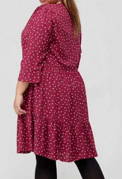 Tie Neck Spot Mini Dress - Berry. Uk14